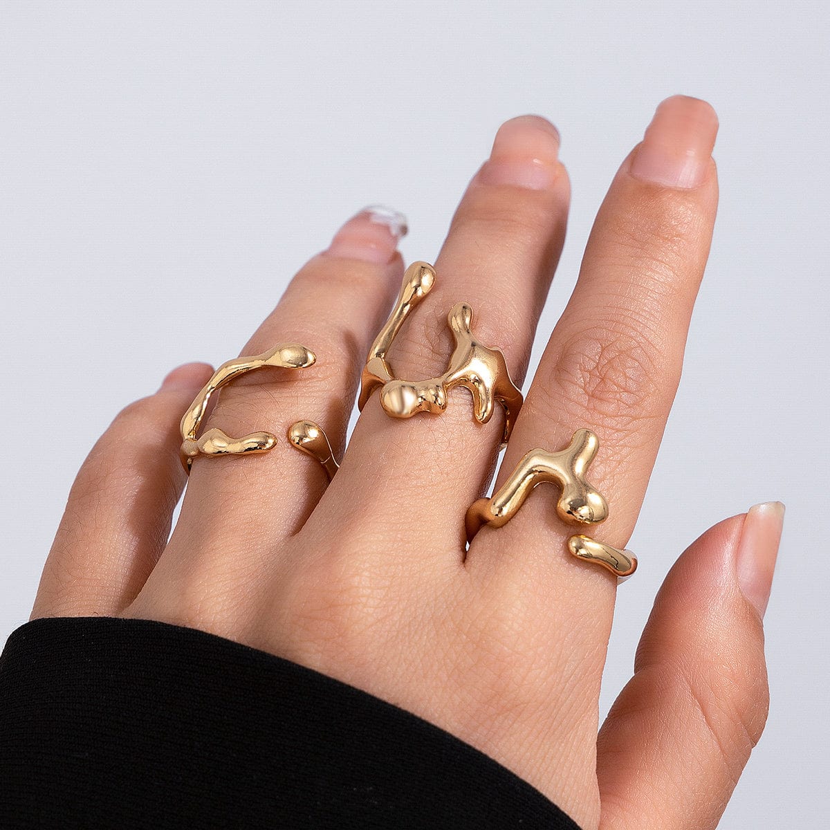 Irregular Gold Silver Plated Flow Waterdrop Ring Set