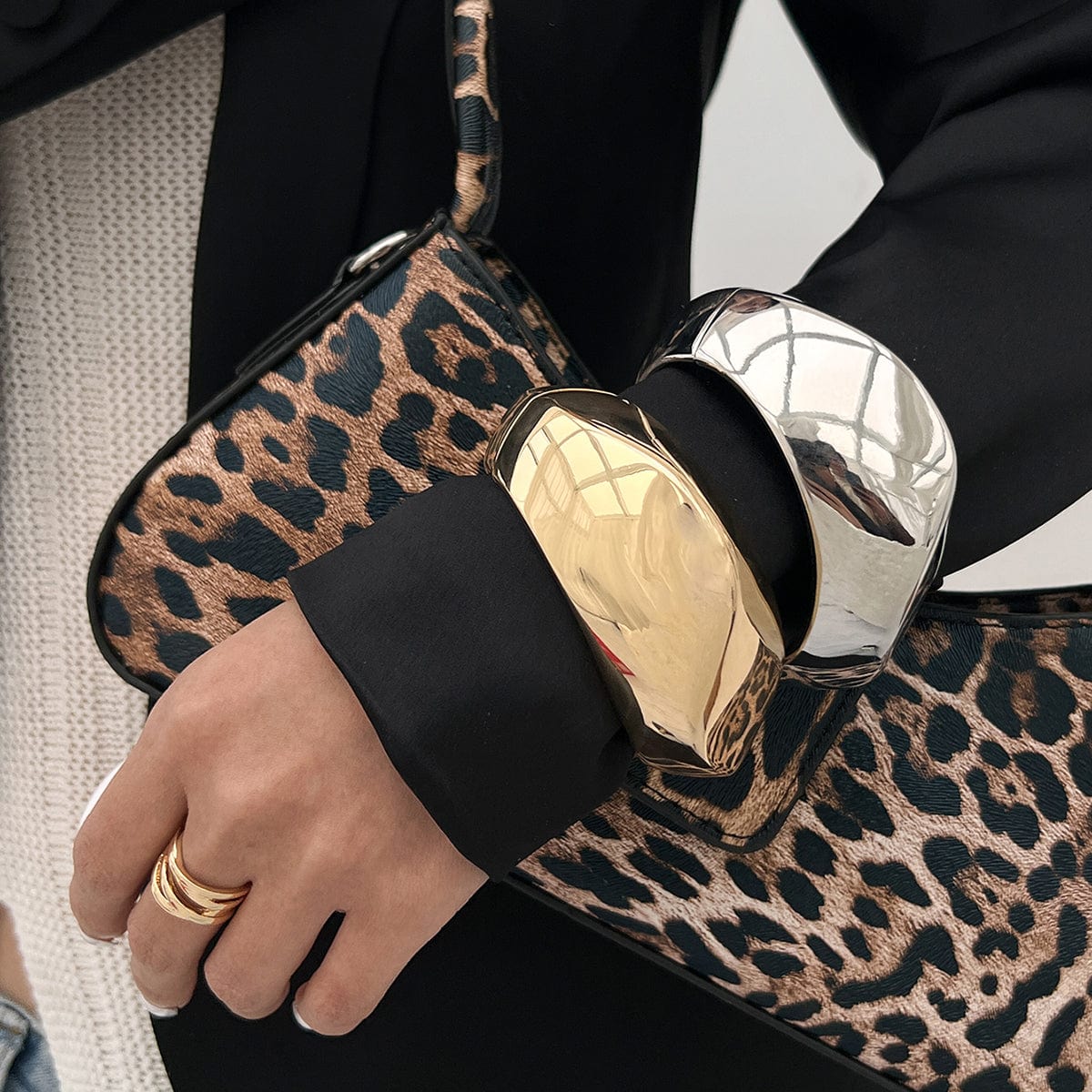 Irregular Gold Silver Plated Glossy Wide Cuff Bangle Bracelet - ArtGalleryZen