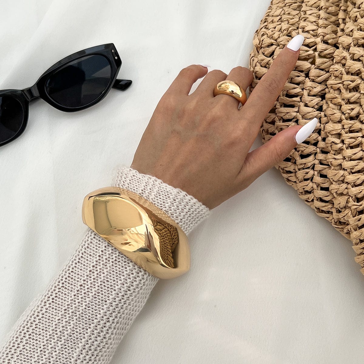 Irregular Gold Silver Plated Glossy Wide Cuff Bangle Bracelet - ArtGalleryZen