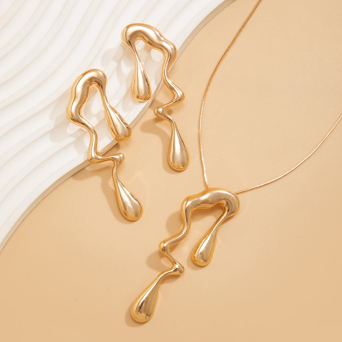 Irregular Gold Silver Tone Liquid Waterdrop Earrings Necklace Set - ArtGalleryZen