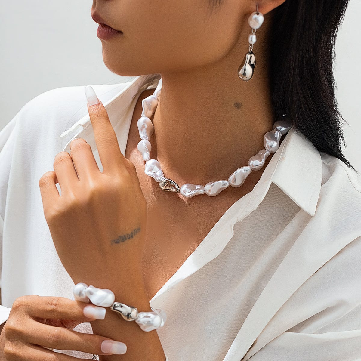 Irregular Pearl Chain Necklace Bracelet Earrings Set