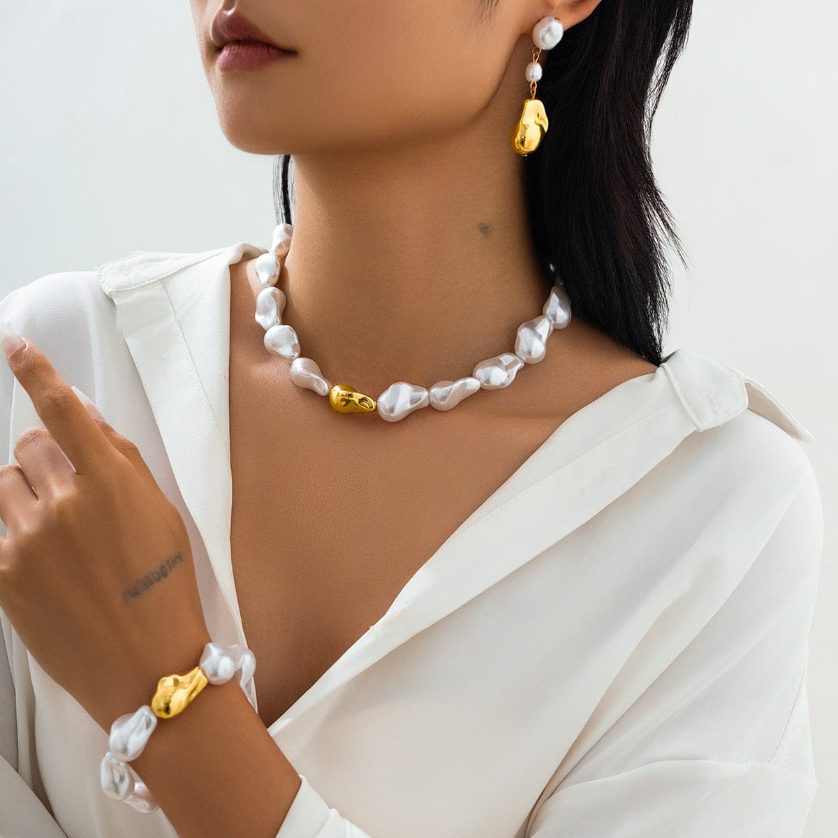 Irregular Pearl Chain Necklace Bracelet Earrings Set