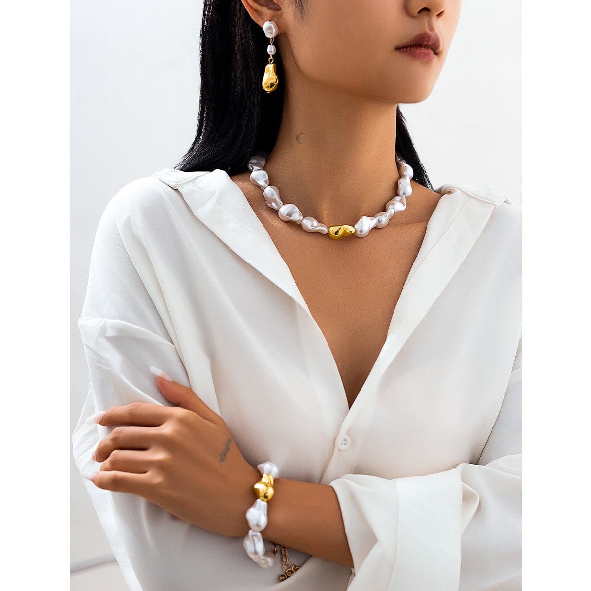 Irregular Pearl Chain Necklace Bracelet Earrings Set