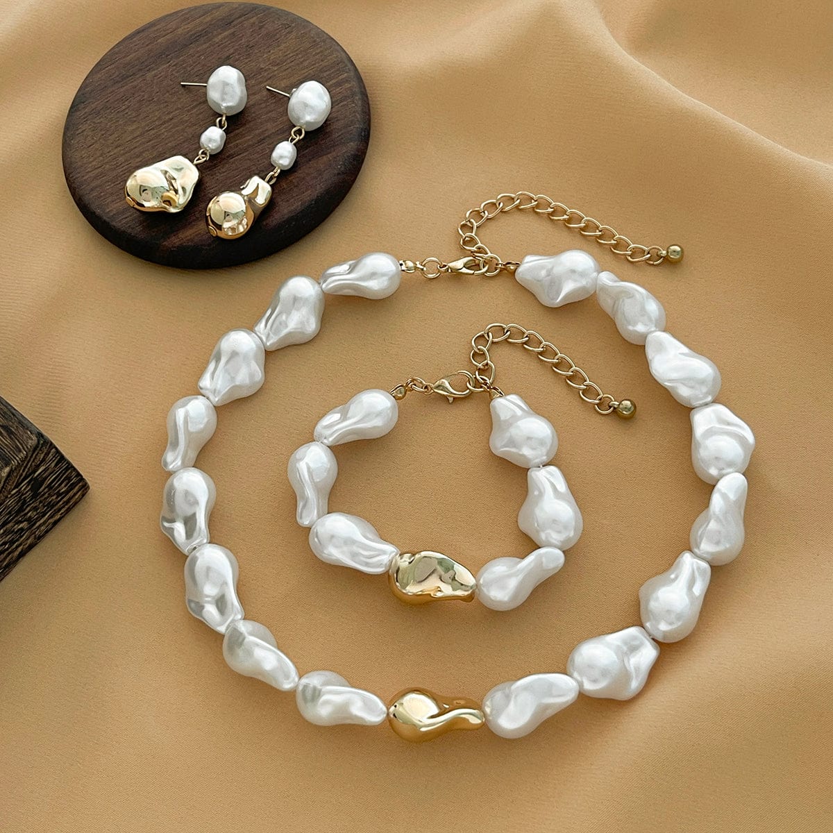 Irregular Pearl Chain Necklace Bracelet Earrings Set