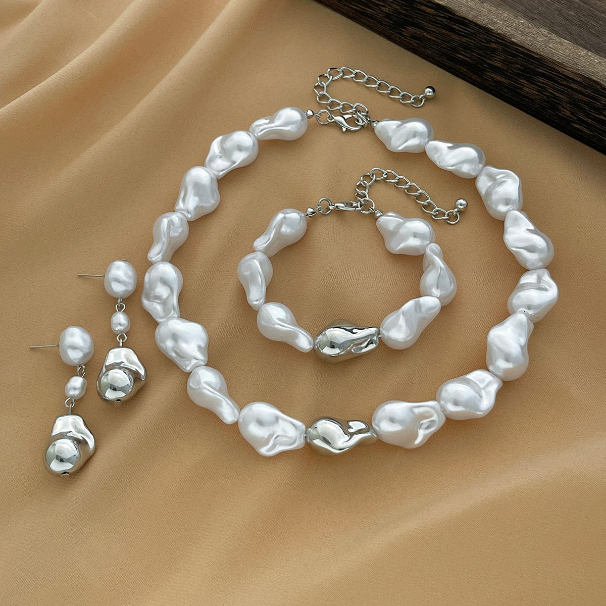 Irregular Pearl Chain Necklace Bracelet Earrings Set