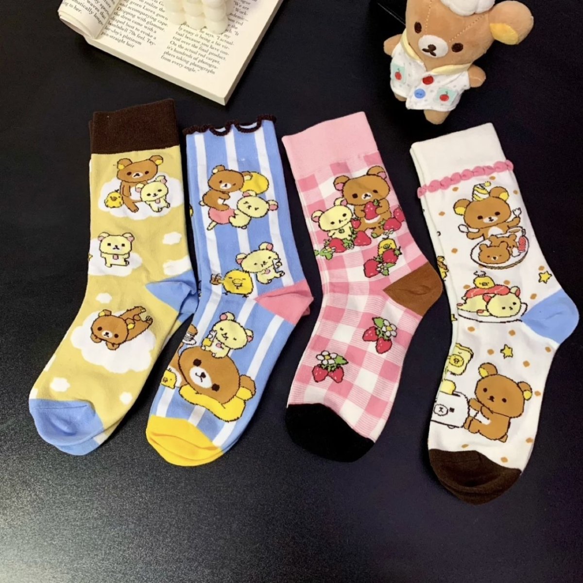 Kawaii 4 Pieces Rilakkuma Strawberry Mid Calf Socks Set - ArtGalleryZen