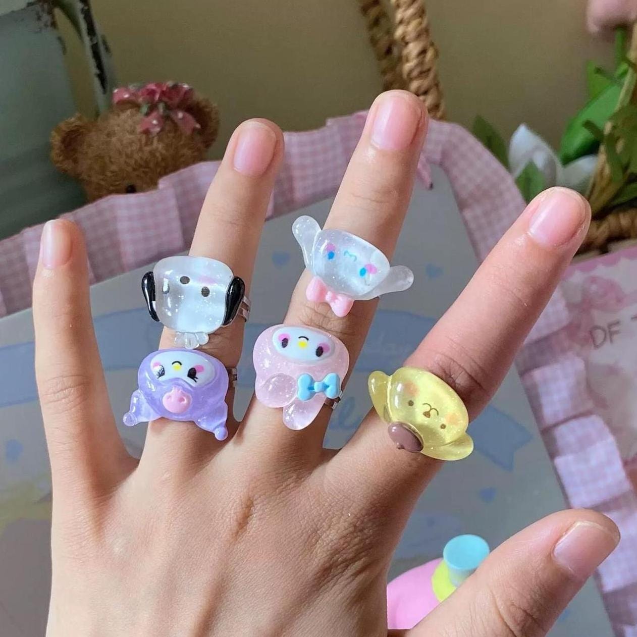 Kawaii 5 Pieces Sanrio Resin Rings Set