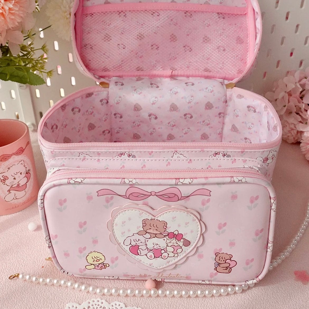 Kawaii Anime Mikko Leather Multi-Layer Makeup Bag Portable Travel Large Capacity Storage Bag