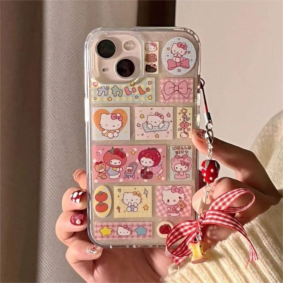 Kawaii Handmade Hello Kitty Sticker iPhone Case With Phone Chain - ArtGalleryZen