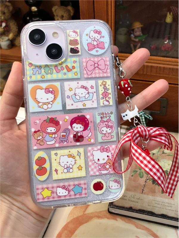 Kawaii Handmade Hello Kitty Sticker iPhone Case With Phone Chain - ArtGalleryZen