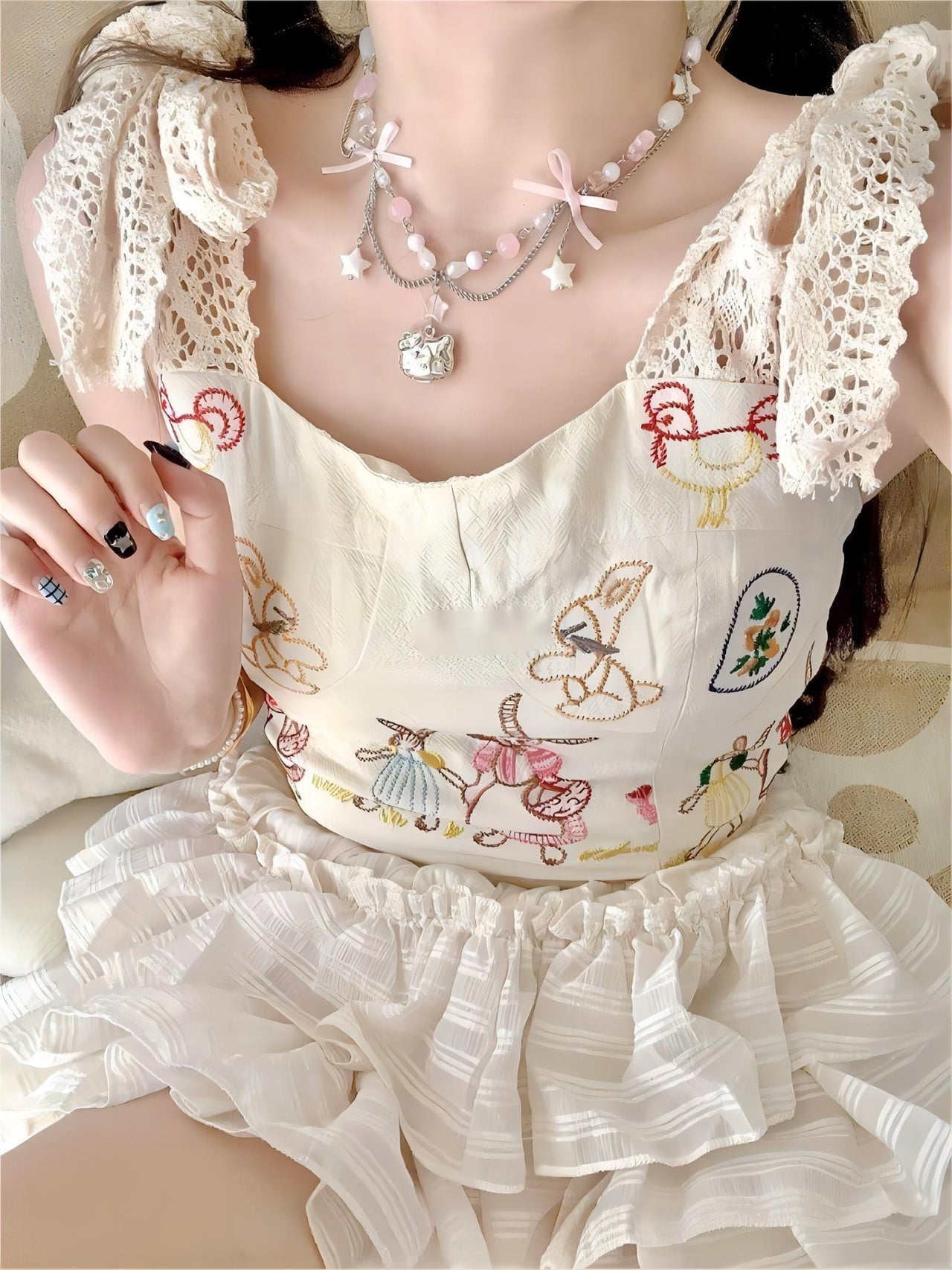 Kawaii Layered Star Tassel Hello Kitty Ball Chain Necklace - ArtGalleryZen