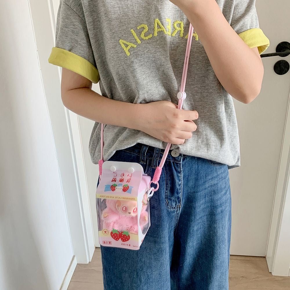 Kawaii Milk Carton Clear Display Bag - Crossbody Doll Holder Purse - ArtGalleryZen