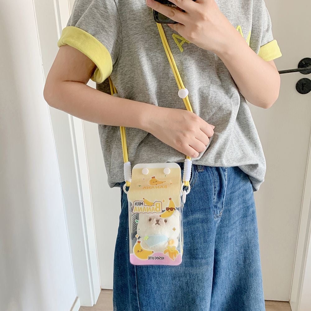 Kawaii Milk Carton Clear Display Bag - Crossbody Doll Holder Purse - ArtGalleryZen