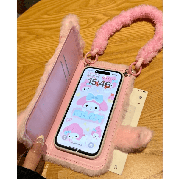 Kawaii My Melody Kuromi Plush Flip iPhone Case With Lanyard