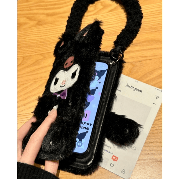 Kawaii My Melody Kuromi Plush Flip iPhone Case With Lanyard