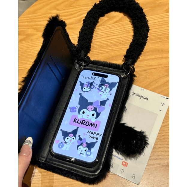 Kawaii My Melody Kuromi Plush Flip iPhone Case With Lanyard