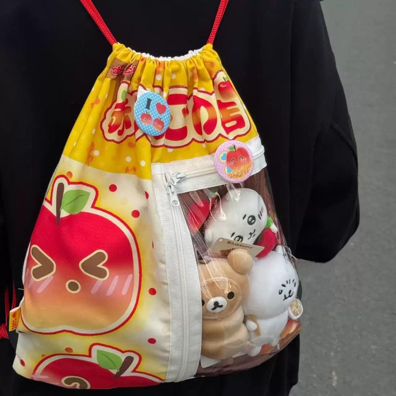 Kawaii Red Green Apple Kpop Fan Display Drawstring Backpack - ArtGalleryZen
