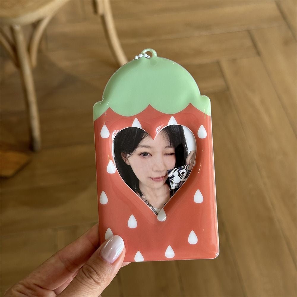 Kawaii Strawberry Photocard Holder Keychain - Cute Kpop Card Display - ArtGalleryZen