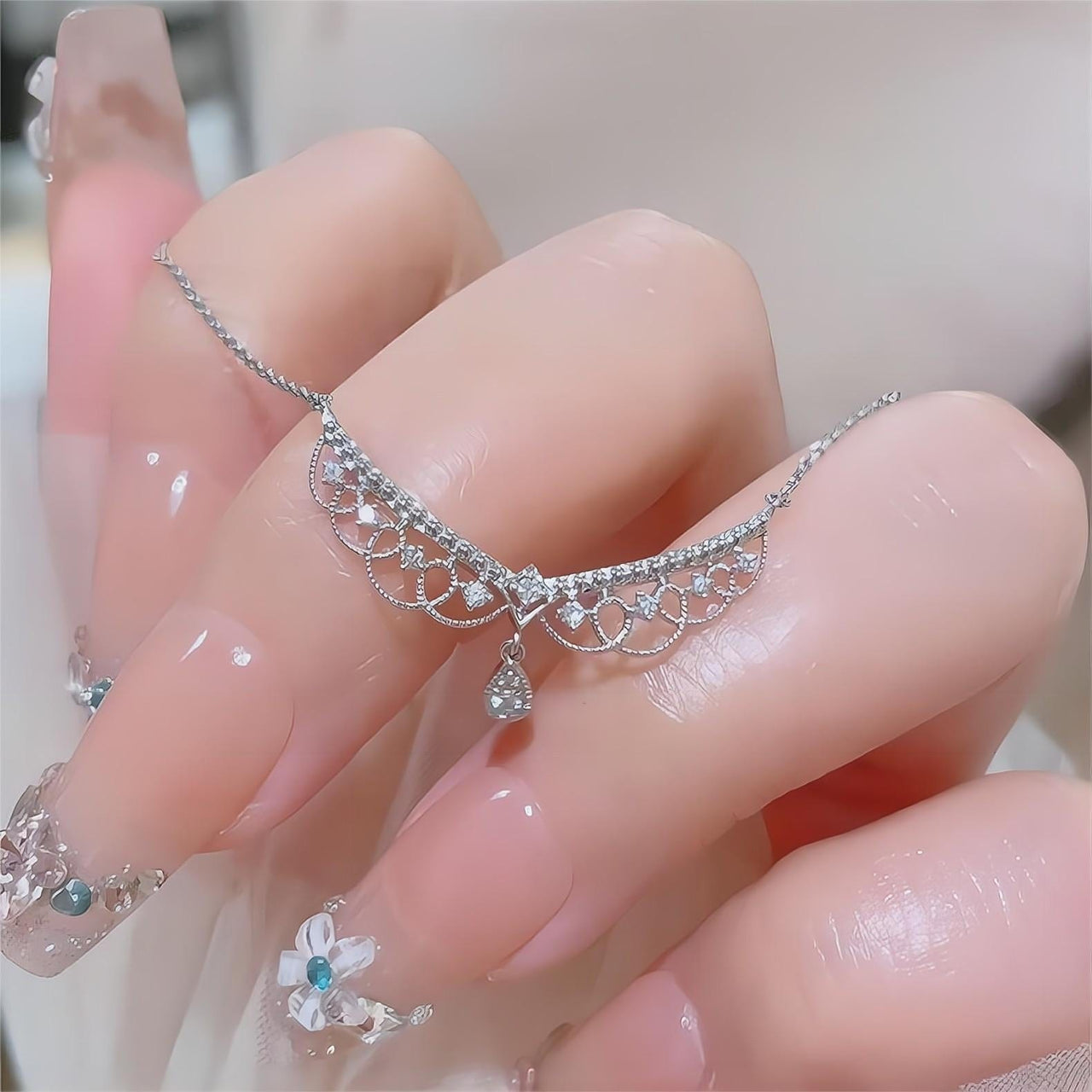 Lace Hollowed-out Pattern Cubic Zirconia Inlaid Chain Necklace - ArtGalleryZen