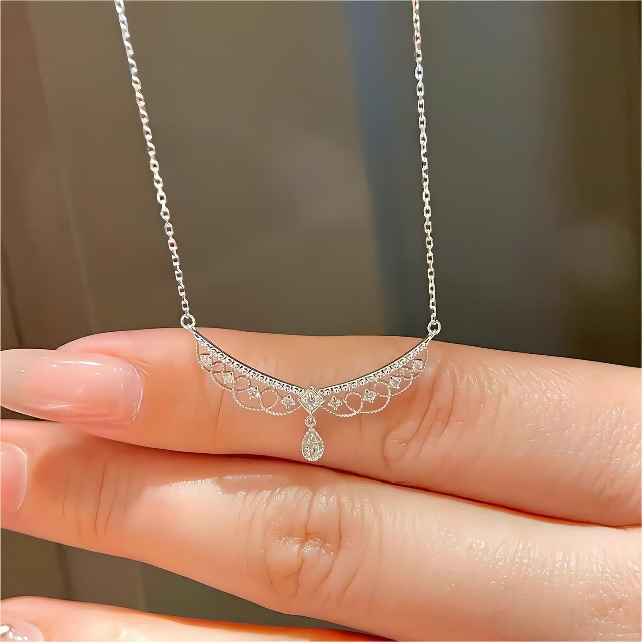 Lace Hollowed-out Pattern Cubic Zirconia Inlaid Chain Necklace - ArtGalleryZen