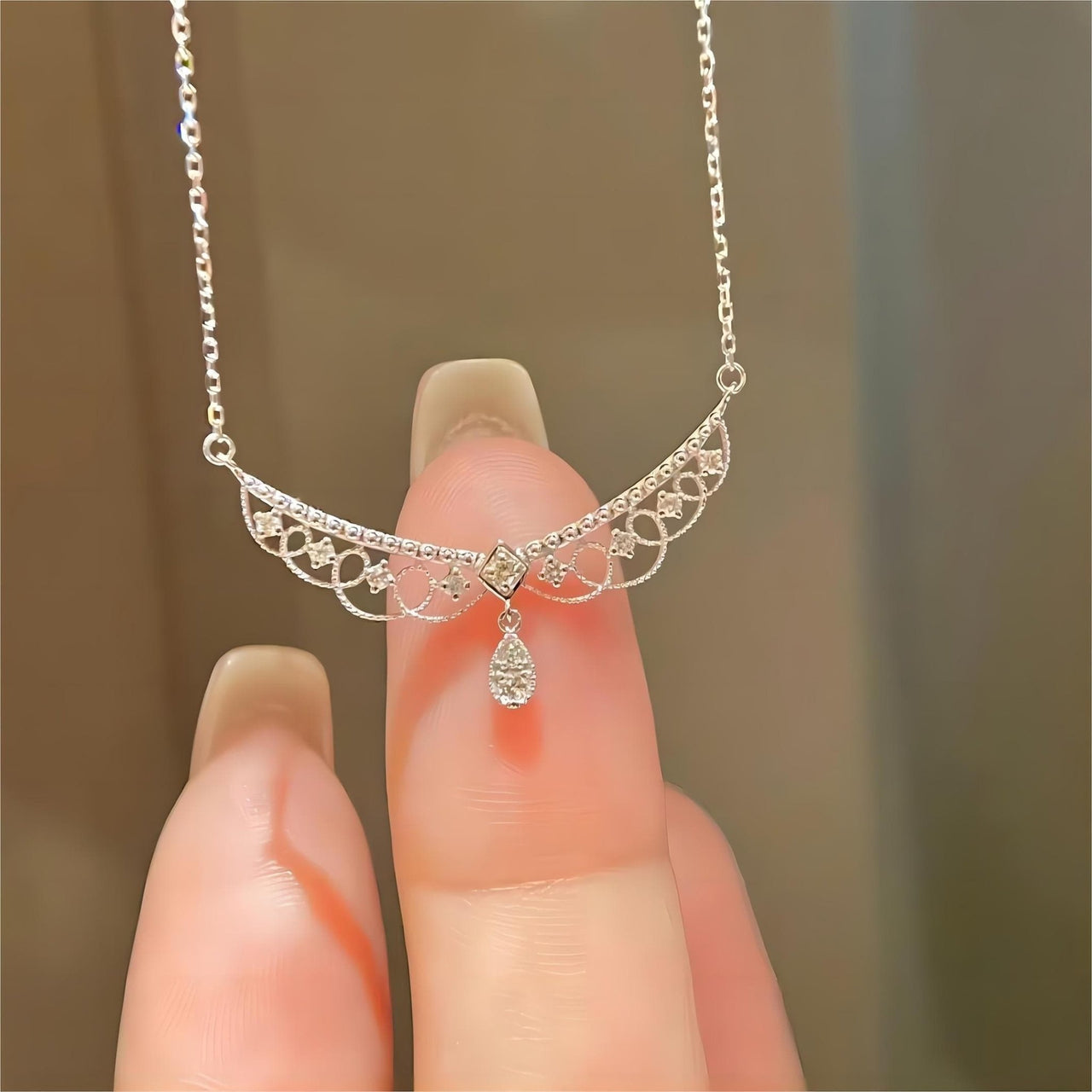 Lace Hollowed-out Pattern Cubic Zirconia Inlaid Chain Necklace - ArtGalleryZen