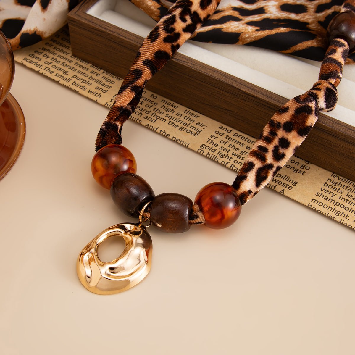 Lava Pendant Wooden Beads Leopard Print Velvet Necklace Boho - ArtGalleryZen