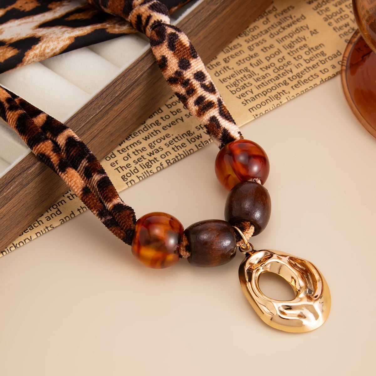 Lava Pendant Wooden Beads Leopard Print Velvet Necklace Boho - ArtGalleryZen