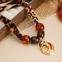 Thumbnail for Lava Pendant Wooden Beads Leopard Print Velvet Necklace Boho - ArtGalleryZen