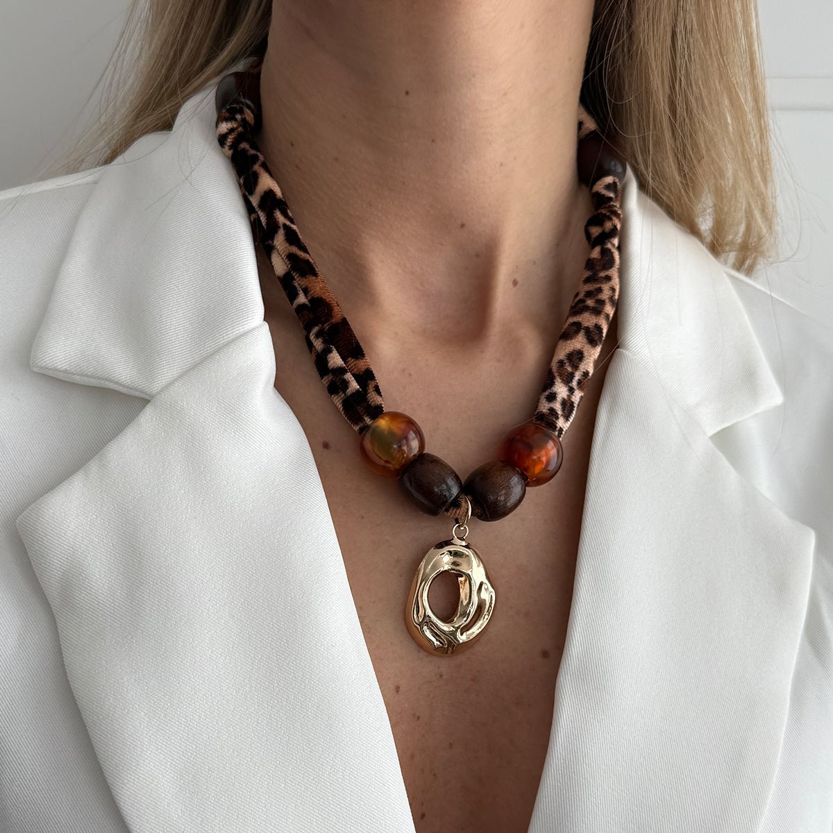 Lava Pendant Wooden Beads Leopard Print Velvet Necklace Boho - ArtGalleryZen
