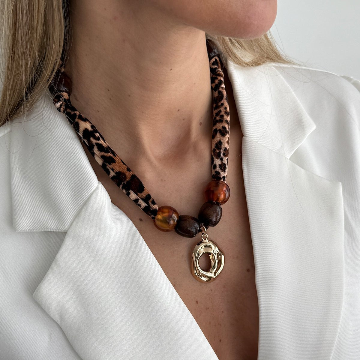 Lava Pendant Wooden Beads Leopard Print Velvet Necklace Boho - ArtGalleryZen
