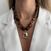 Thumbnail for Lava Pendant Wooden Beads Leopard Print Velvet Necklace Boho - ArtGalleryZen