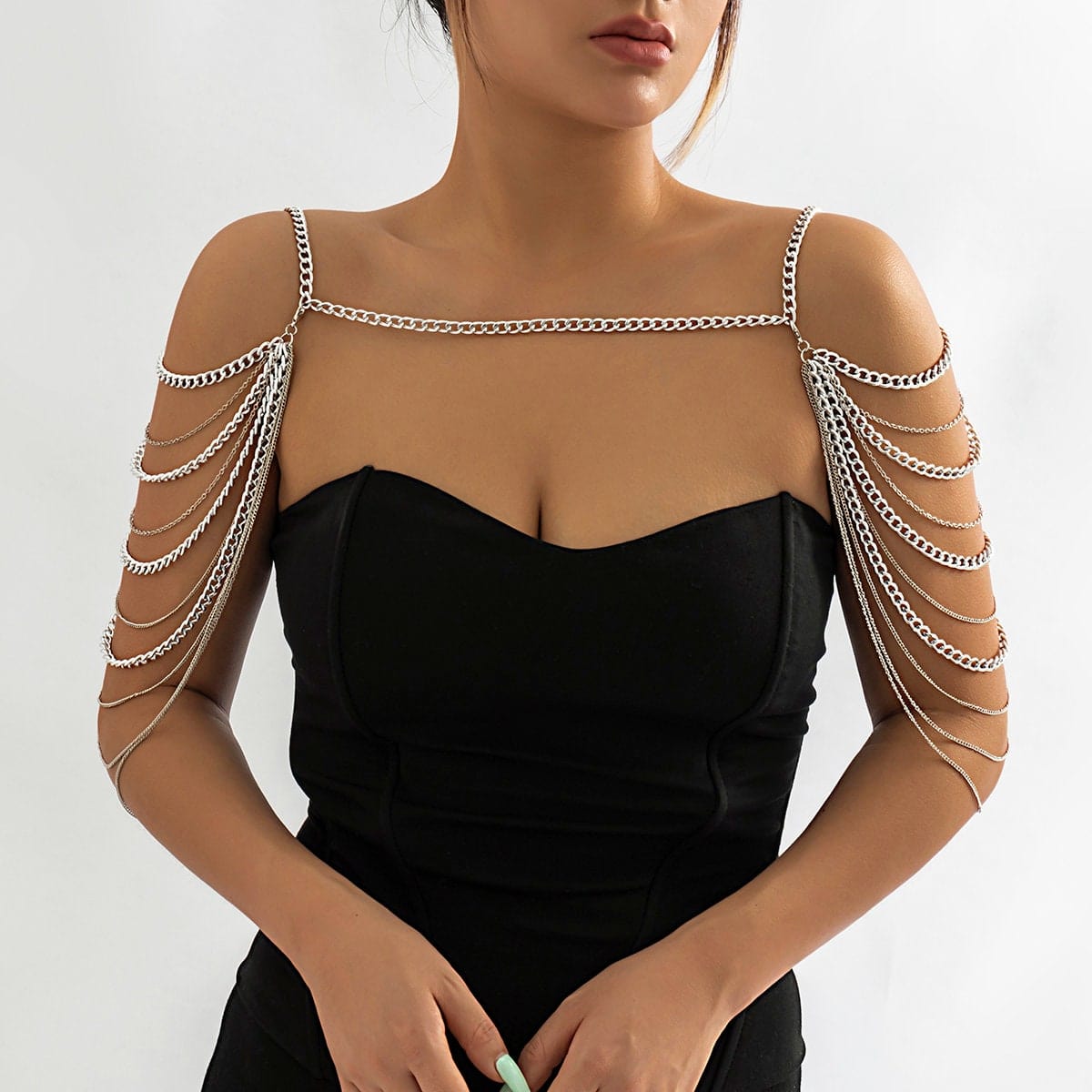 Layered Gold Silver Tone Curb Link Chain Tassel Shoulder Necklace - ArtGalleryZen