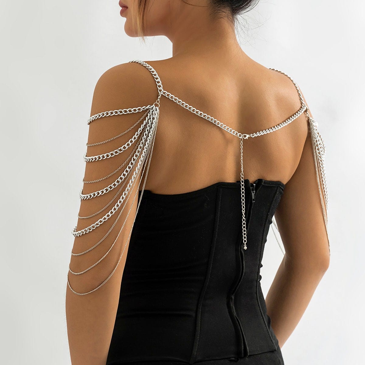 Layered Gold Silver Tone Curb Link Chain Tassel Shoulder Necklace - ArtGalleryZen