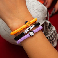 Thumbnail for Layered Halloween Pumpkin Ghost Charm Polymer Clay Letter Bracelet Set - ArtGalleryZen