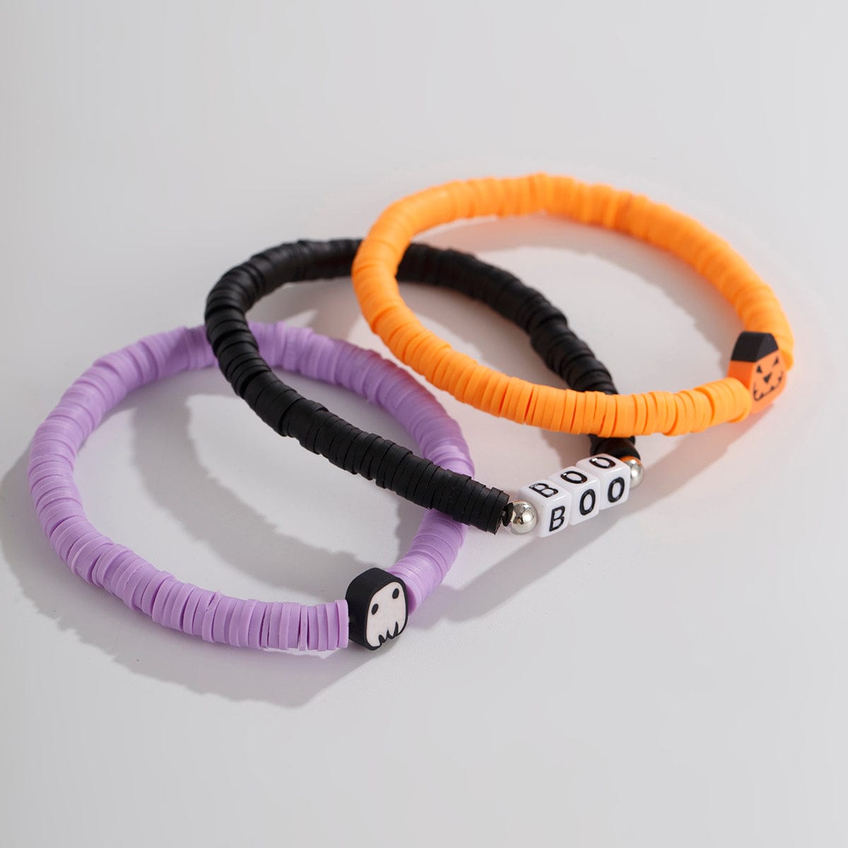 Layered Halloween Pumpkin Ghost Charm Polymer Clay Letter Bracelet Set - ArtGalleryZen
