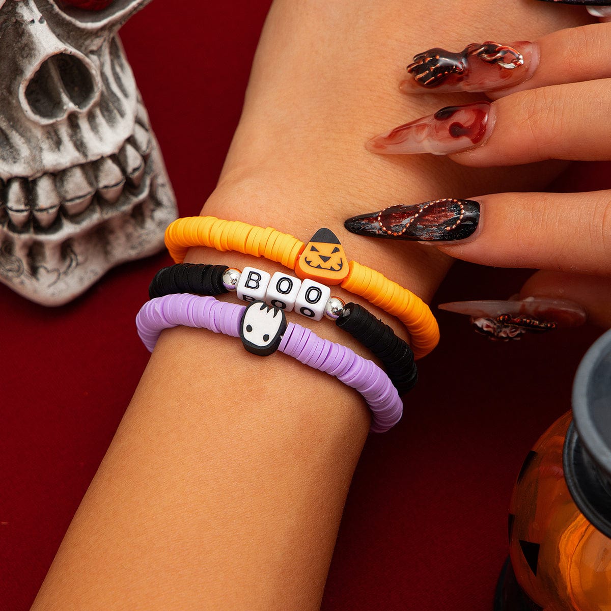 Layered Halloween Pumpkin Ghost Charm Polymer Clay Letter Bracelet Set