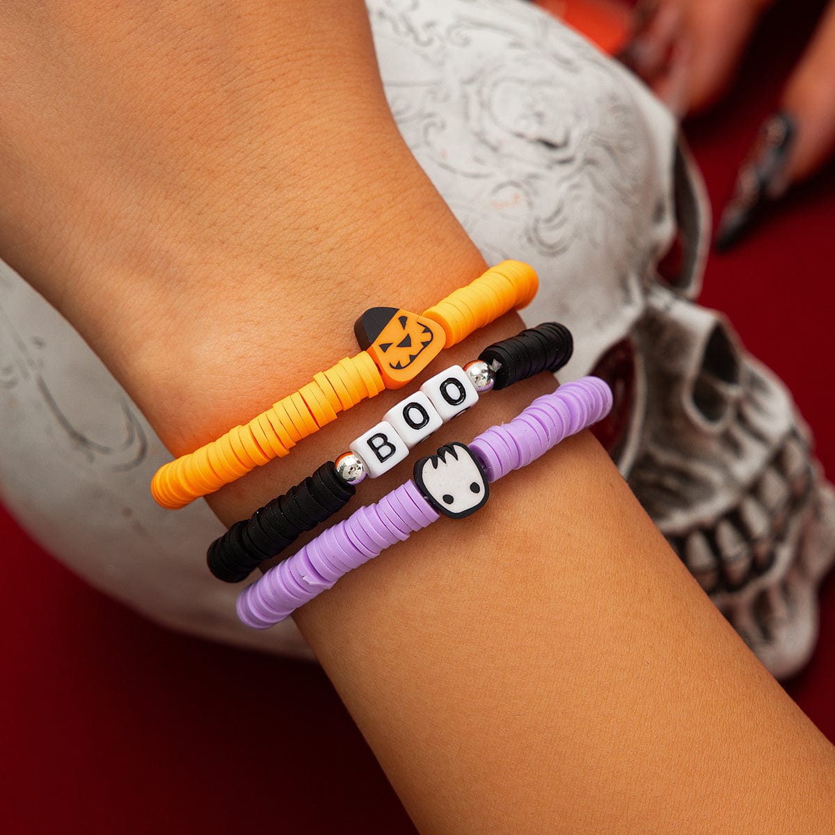 Layered Halloween Pumpkin Ghost Charm Polymer Clay Letter Bracelet Set