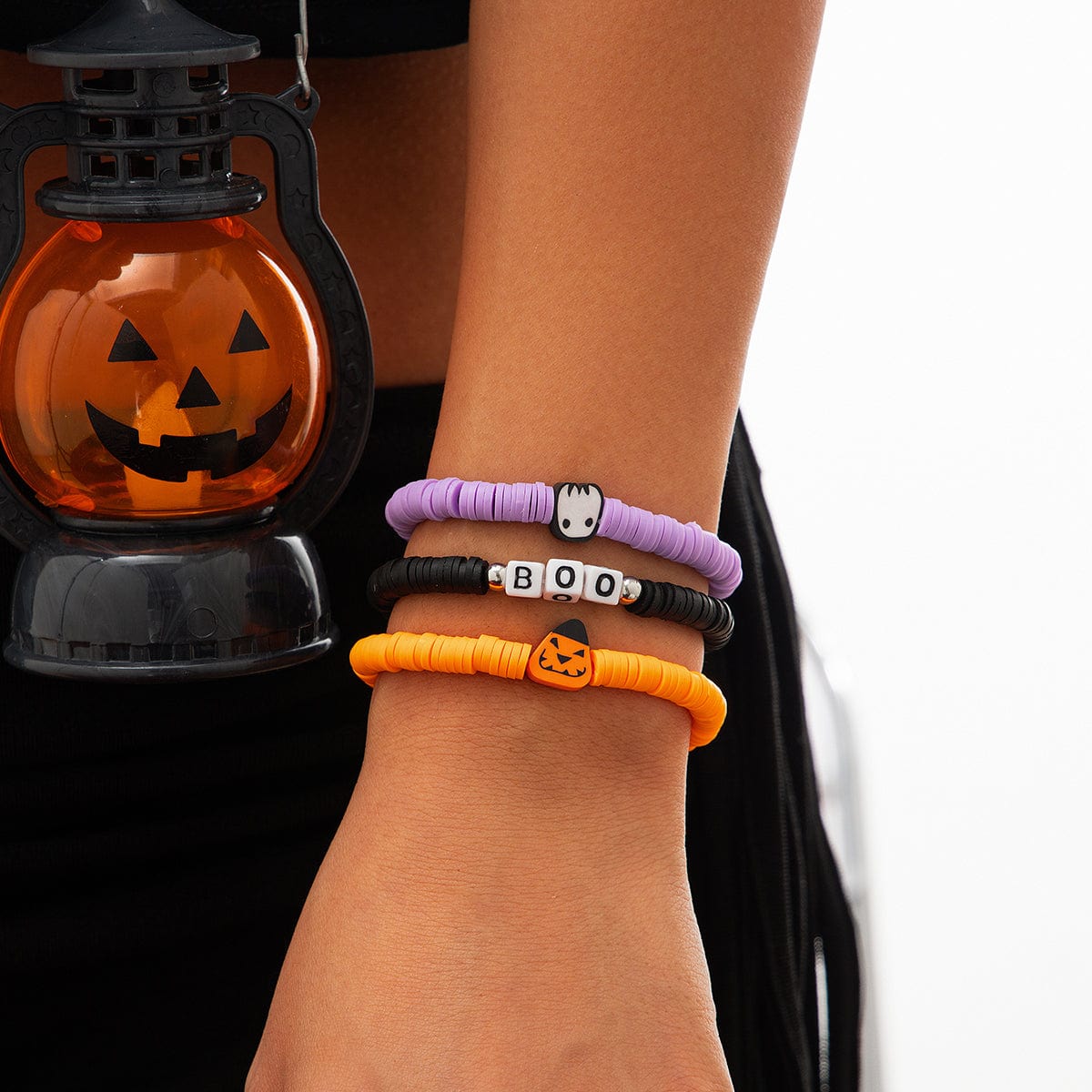 Layered Halloween Pumpkin Ghost Charm Polymer Clay Letter Bracelet Set