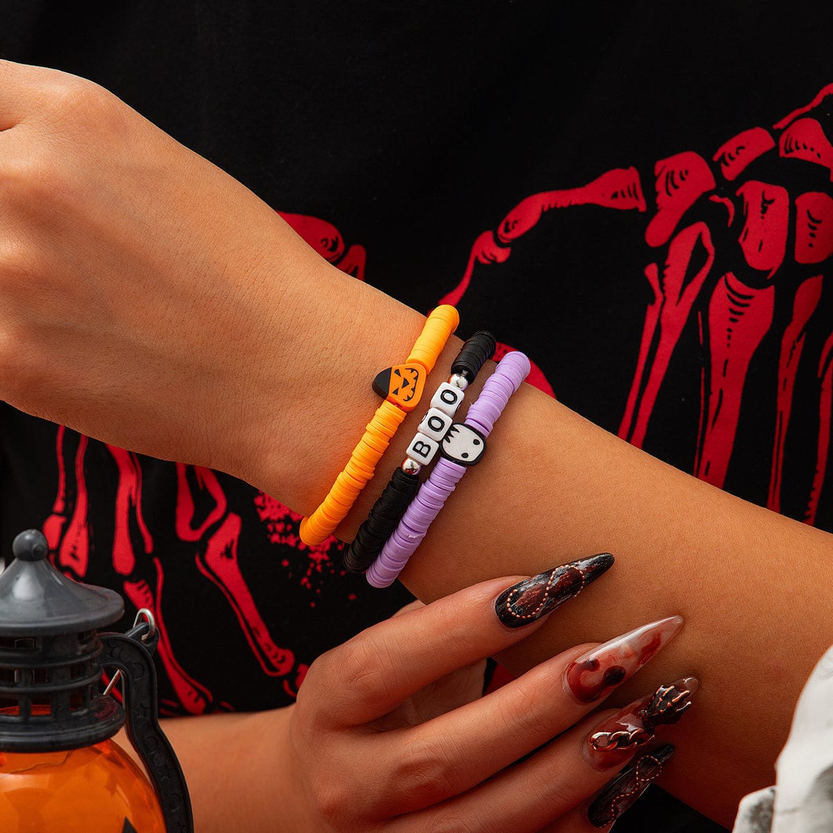 Layered Halloween Pumpkin Ghost Charm Polymer Clay Letter Bracelet Set