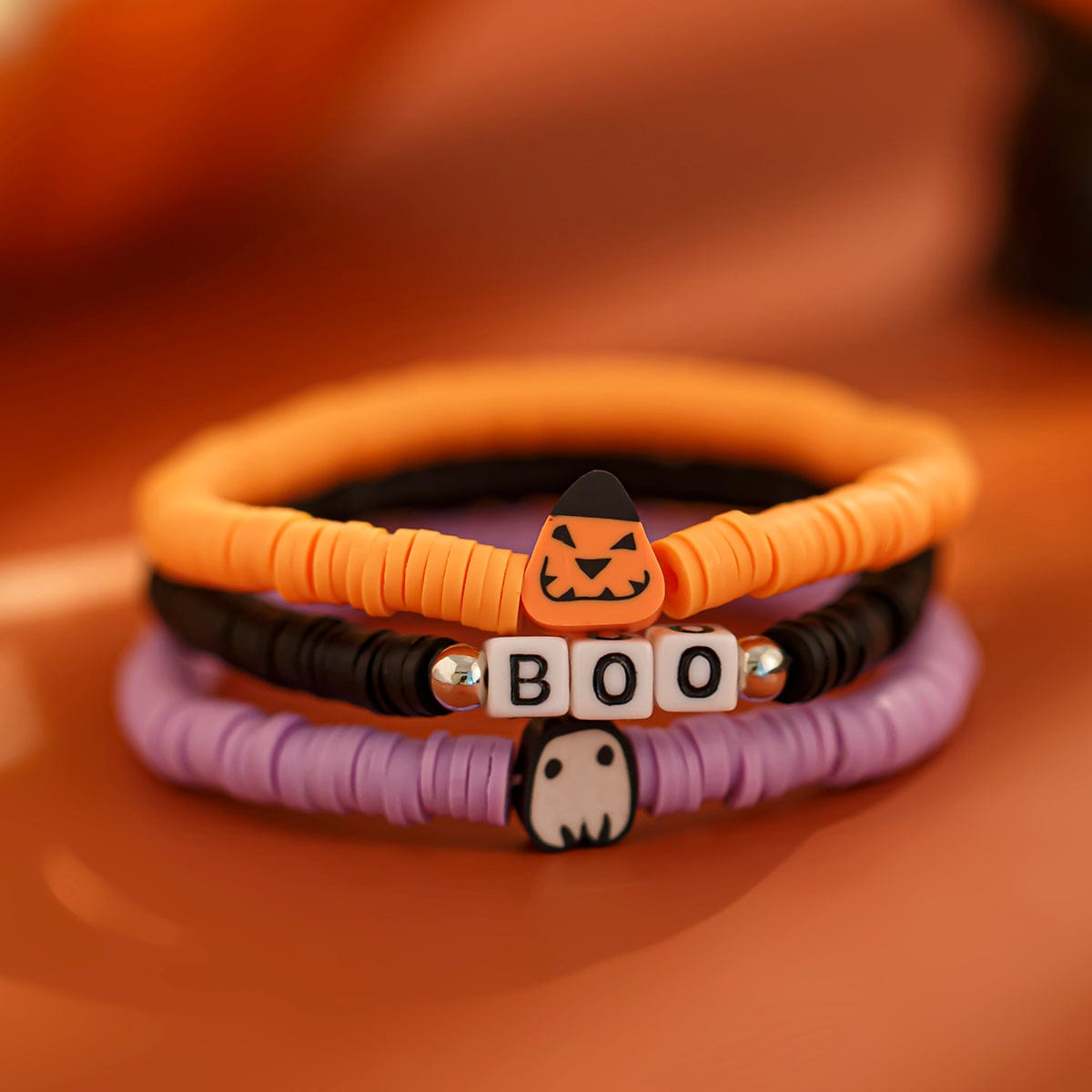 Layered Halloween Pumpkin Ghost Charm Polymer Clay Letter Bracelet Set