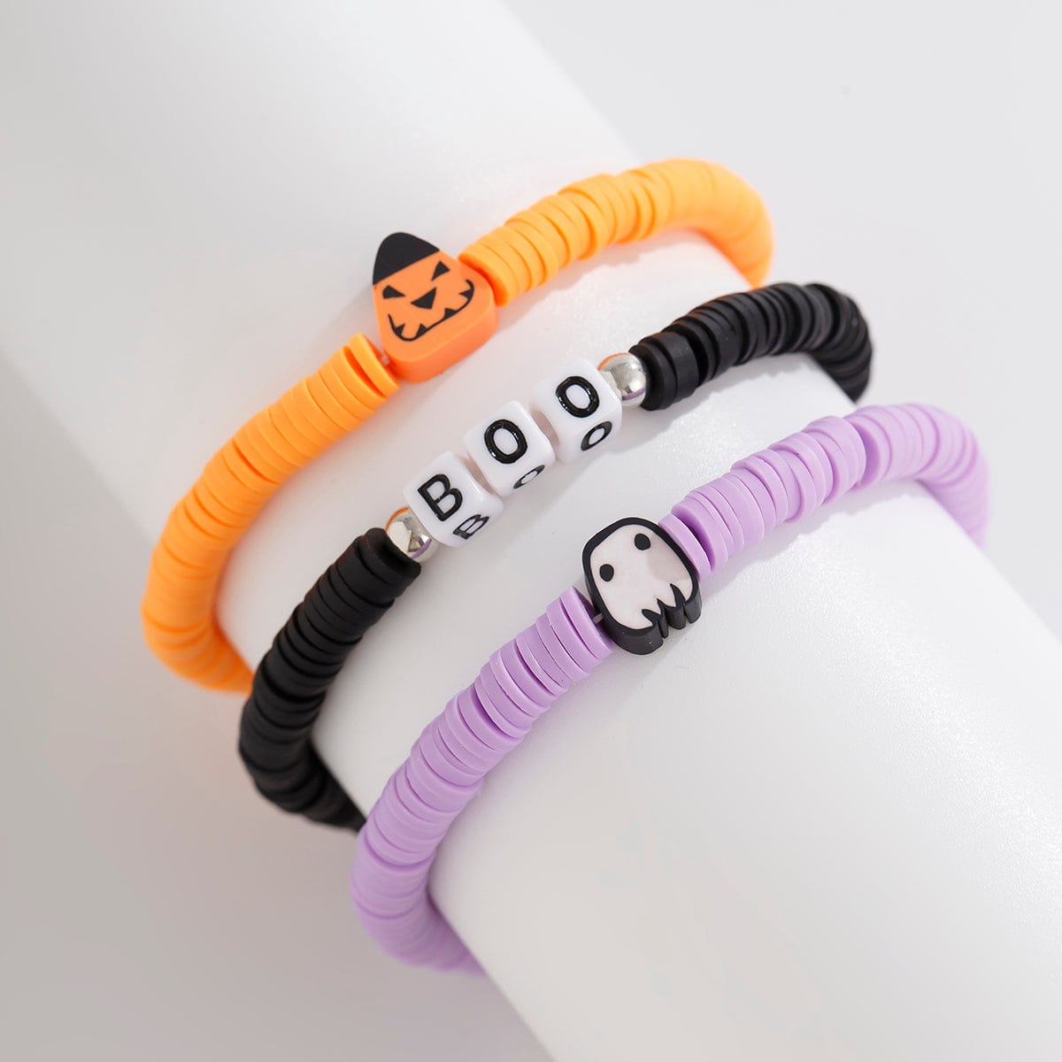 Layered Halloween Pumpkin Ghost Charm Polymer Clay Letter Bracelet Set