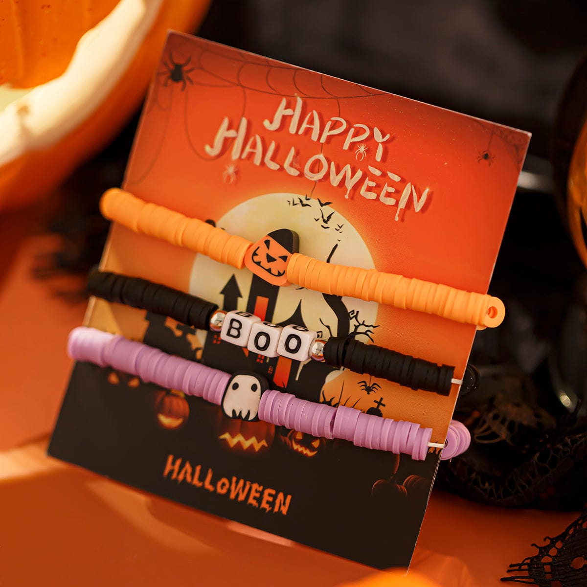 Layered Halloween Pumpkin Ghost Charm Polymer Clay Letter Bracelet Set