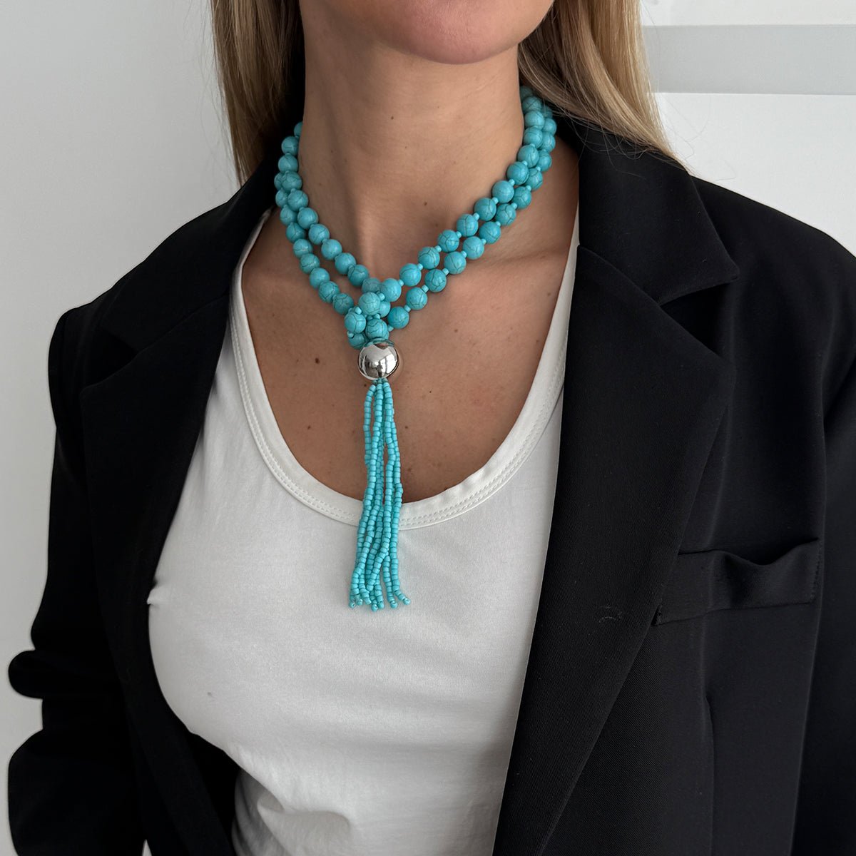 Layered Seed Bead Ball Chain Tassel Y Necklace Choker for Women - ArtGalleryZen