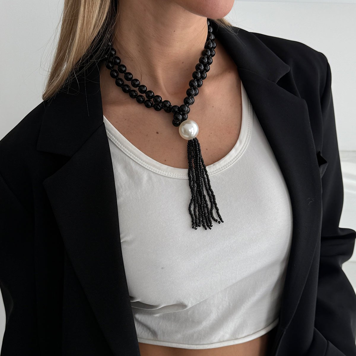 Layered Seed Bead Ball Chain Tassel Y Necklace Choker for Women - ArtGalleryZen