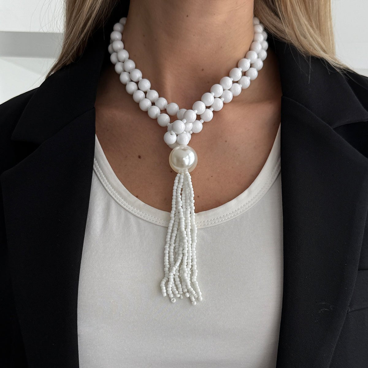 Layered Seed Bead Ball Chain Tassel Y Necklace Choker for Women - ArtGalleryZen