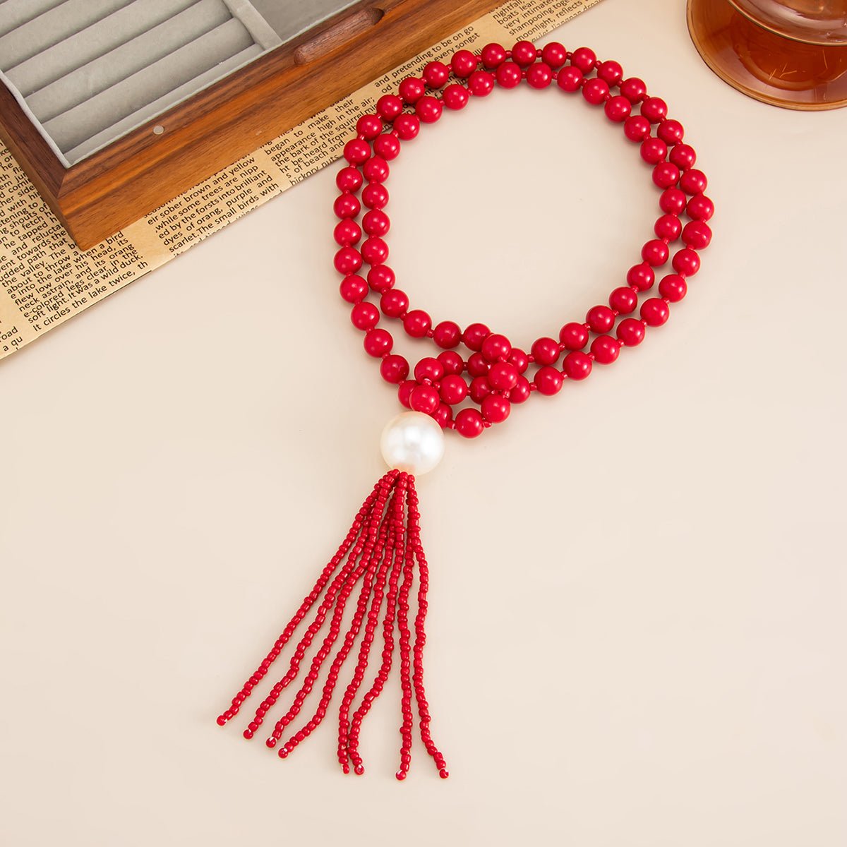 Layered Seed Bead Ball Chain Tassel Y Necklace Choker for Women - ArtGalleryZen