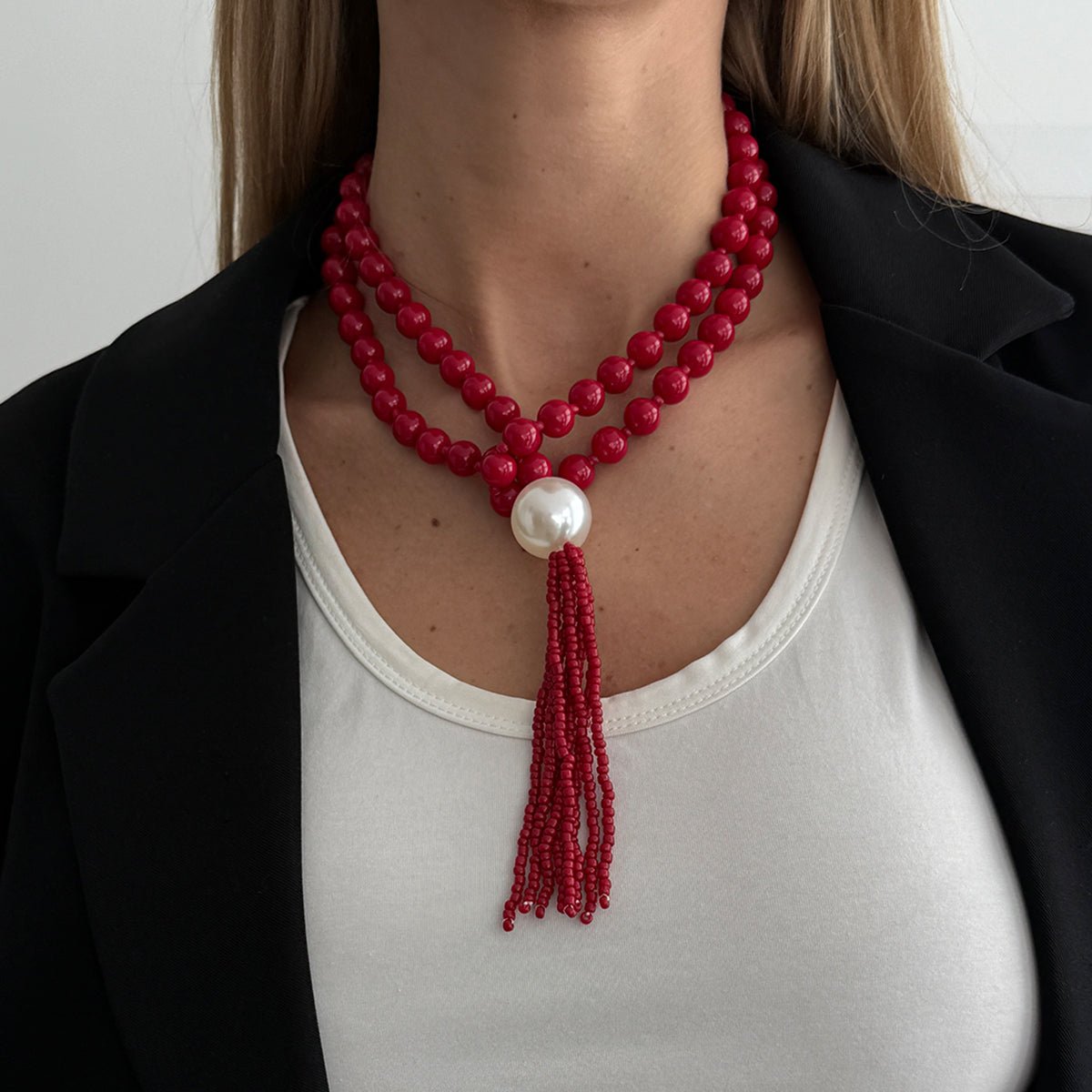 Layered Seed Bead Ball Chain Tassel Y Necklace Choker for Women - ArtGalleryZen