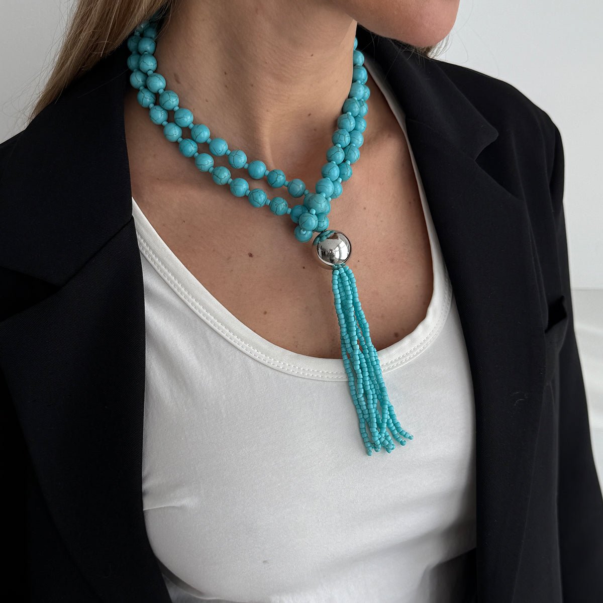 Layered Seed Bead Ball Chain Tassel Y Necklace Choker for Women - ArtGalleryZen