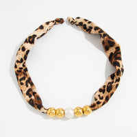 Thumbnail for Leopard Print Velvet Choker Pearl Beaded Gold Tone Retro Y2K Necklace - ArtGalleryZen