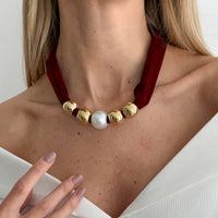 Thumbnail for Leopard Print Velvet Choker Pearl Beaded Gold Tone Retro Y2K Necklace - ArtGalleryZen